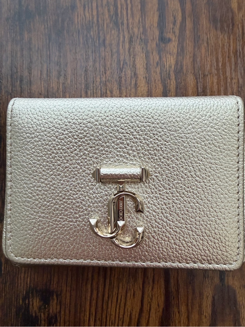 Jimmy Choo NWOT Metallic Nemo Gold Pebbled Leather Trifold Wallet with JC Logo